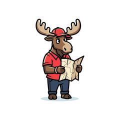 Obraz premium Cute cartoon moose character wearing a red cap and holding a map, representing travel and adventure