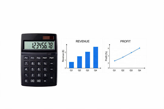 Modern calculator with financial business charts isolated on white background