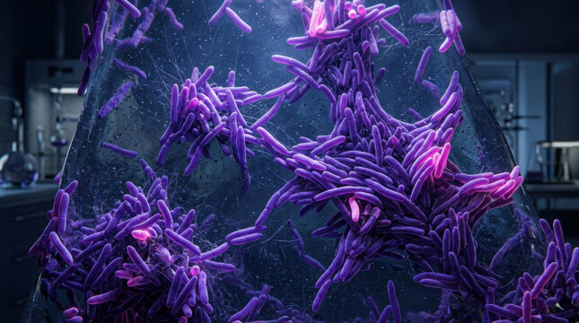 Deep violet rod shaped bacteria clusters growing in transparent laboratory glassware showing microbial proliferation for pharmaceutical scientific study.