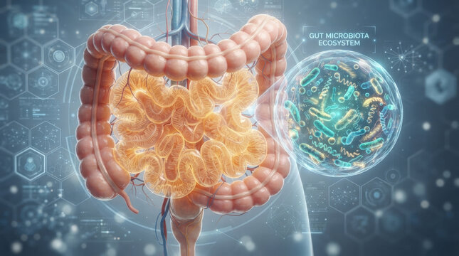 Detailed gut microbiota ecosystem visualization depicts microscopic bacteria within human colon for probiotic research and science education.