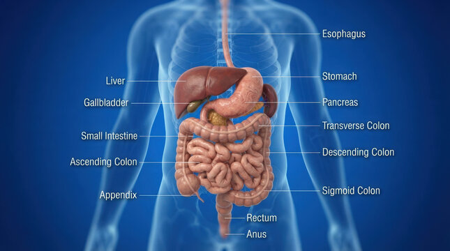 Detailed human digestive system with labeled organs for anatomical study and medical educational resources.