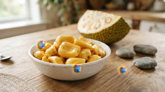 Fresh jackfruit pieces in ceramic bowl with fruit slice and smooth river stones on wooden rustic table for healthy organic food photography.