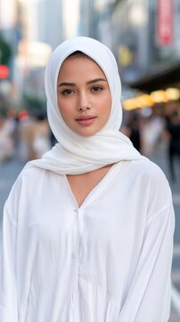 Beautiful Indonesian woman in modest clothing standing in busy urban street with modern city lifestyle Generative AI