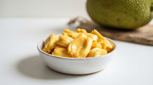 Fresh jackfruit pieces served in simple white bowl with ripe fruit background on wooden cutting board for healthy exotic culinary preparation.