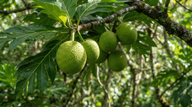 Green breadfruit hanging from tropical tree branches in lush natural forest environment for sustainable agriculture and culinary ingredient themes.