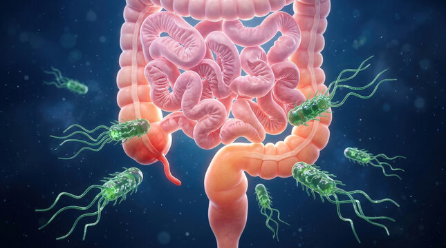 Green pathogenic bacteria floating near human digestive system model highlighting intestinal infection risks during clinical medical diagnosis.