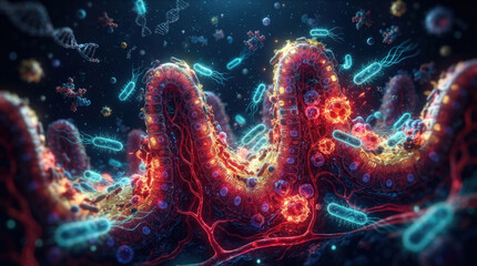 Fototapeta premium Intestinal villi covered in bacteria and pathogens causing inflammation and digestive system illness microscopic view.