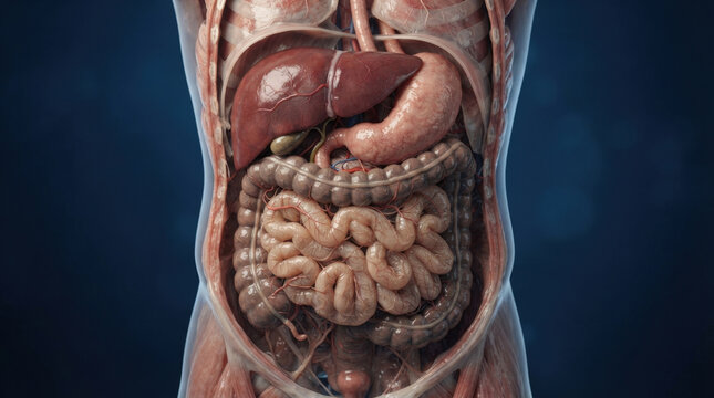 Human abdominal organs including liver and stomach showing anatomical structure for medical education and internal body diagnostic research.