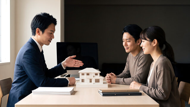 住宅展示場の商談スペースで営業担当が夫婦へ住宅模型を使い提案する