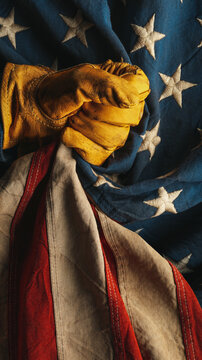 Worn yellow work glove holding the American flag. Symbolic of blue collar workers, USA manufacturing, pride in products Made in United States of America, or to celebrate Father's day or US Labor Day.