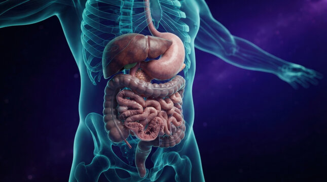 Human digestive tract organs featuring liver and stomach within abdominal cavity for anatomical medical education and physiological research.