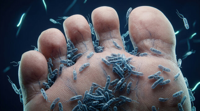 Many tiny bacillus bacteria swarm over human foot skin for biological study and medical research.