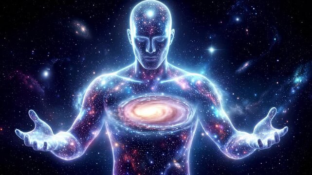 Cosmic entity with glowing galaxy inside chest standing in deep space. Ethereal human figure composed of stars and nebulae. Lockdown shot.