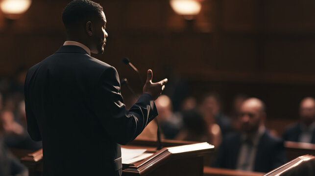 Back of an African-American male lawyer presenting a case to a jury. Room for copy.