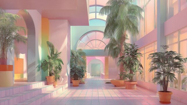 Interior atrium hallway designed in pastel colors features potted tropical plants and sunlit archways leading into a modern space.