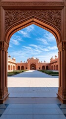 Fototapeta premium Mughal inspired architecture with arches and courtyard in India under warm daylight Generative AI