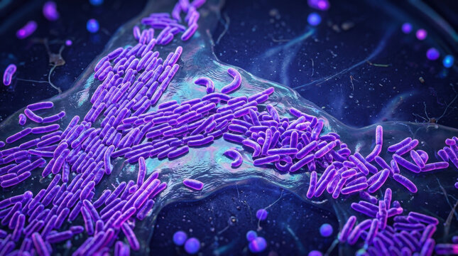 Purple rod shaped bacterial colonies forming biofilms on petri dish surface for microbiology research in clinical laboratory testing environments.