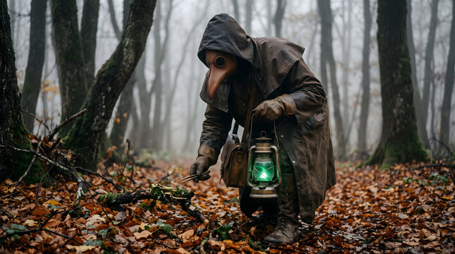 Mysterious plague doctor in a traditional beak mask and dark leather cloak searches the forest floor. Holding a glowing green lantern and tweezers, the figure examines mossy wood amidst fallen autu...