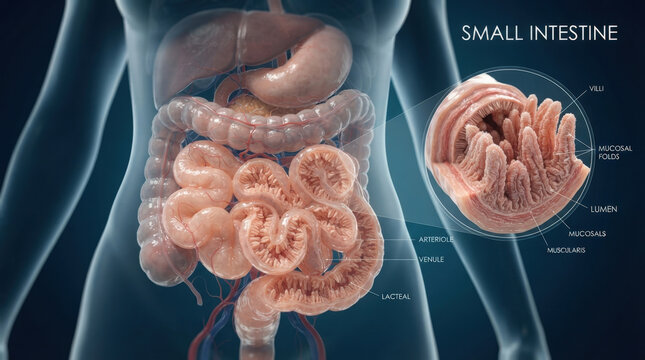 Small intestine anatomy detailed diagram featuring villi and mucosal folds for microscopic biological analysis in human digestion process study.