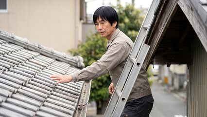 Fototapeta premium はしごに乗り屋根瓦を点検する作業服姿の男性検査員