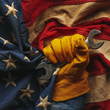 Worn work glove with wrench and the American flag. Symbolic of blue collar workers, USA manufacturing, pride in products Made in United States of America, or celebrate Father's day or US Labor Day.