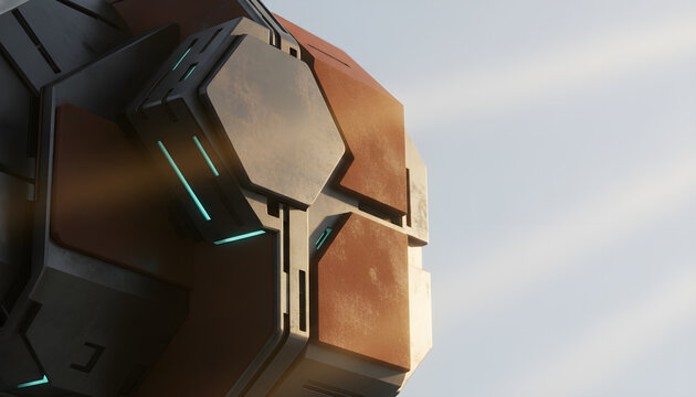 Abstract Sci-Fi Geometric Structure with Glowing Lights and Rusty Texture