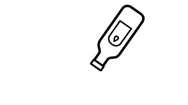 Minimal sauce bottle animation with red sauce drops on a white background, featuring a clean black outline icon for cooking, food, restaurant, and kitchen content.