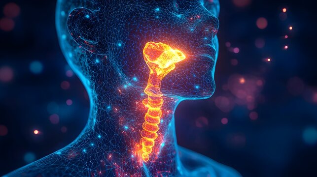 Thyroid disorder awareness with glowing gland inside blue neck image