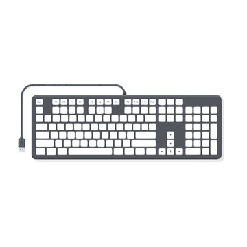 2d flat illustration style "hardware de inform&aacute;tica", isolated on white background. No texts. Subject: computer keyboard, rectangular layout with key caps, function row, number pad on right, USB cable