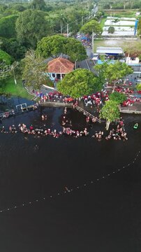 Parintins, Amazonas, Brazil - June 15, 2025: Aerial views of the Cantagalo recreational area, in the Aniga community, Parintins (bathing place)
