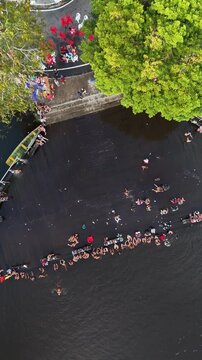 Parintins, Amazonas, Brazil - June 15, 2025: Aerial views of the Cantagalo recreational area, in the Aniga community, Parintins (bathing place)