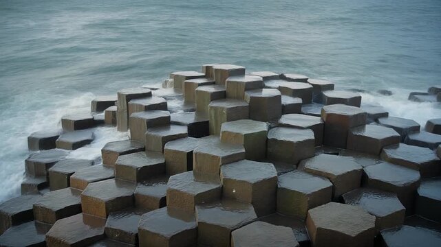Hexagonal Basalt Columns at Ocean's Edge
