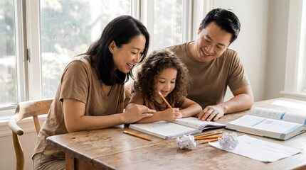 Obraz premium Family helping young daughter with homework at table.