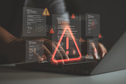 Cybersecurity threat concept. Programmer working with computer code and multiple warning alerts, representing software bugs, system errors, security risks, vulnerability detection, digital protection.