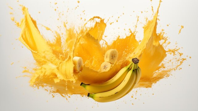Fresh colorful bright yellow banana fruit splash splatter action dynamic healthy tumble nutrition food  diet  hot spicy flavor Flavonoids 