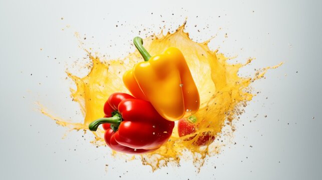 Fresh colorful red yellow peppers capsicum vegetable splash splatter action dynamic healthy tumble food green diet chilli hot spicy flavor