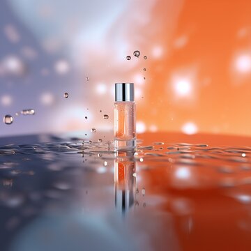 Bottle of serum with water molecules 