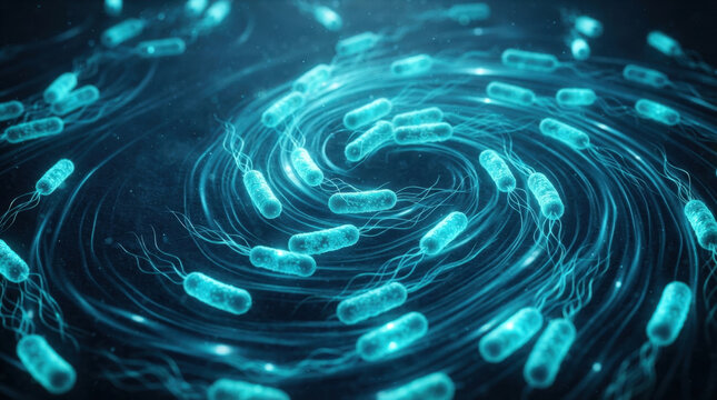 Abstract vortex of blue glowing bacteria with flagella for science and medical backgrounds.