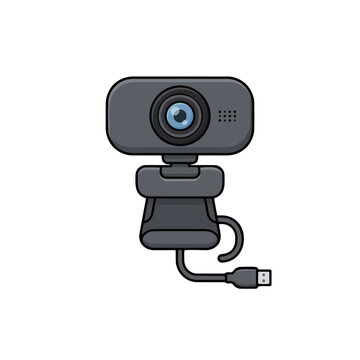2d flat illustration style "hardware de inform&aacute;tica", isolated on white background. No texts. Subject: webcam camera, compact rectangular or rounded body, lens in center, microphone holes.