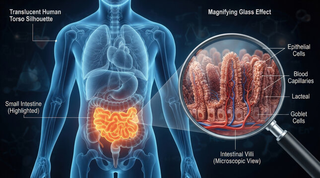 Anatomical view of small intestine featuring villi magnified under glass lens demonstrating nutrient absorption process for medical education.