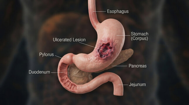 Anatomy of human stomach with highlighted ulcerated lesion indicating stomach cancer on body model for medical education and diagnosis.