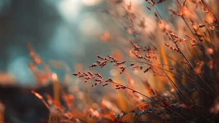 Naklejka premium Wild field grass glows in bright warm sunlight against a soft blue background during a sunset in autumn.