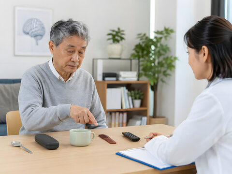 Older Asian man identifying familiar objects during cognitive assessment