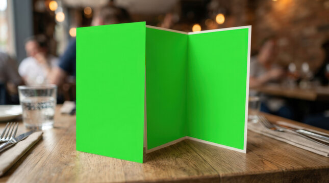 Blank folded table tent card with bright green cover on wooden dining surface in blurred restaurant interior for custom marketing displays.