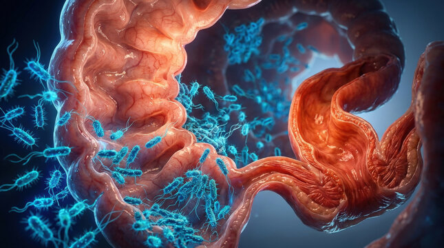 Blue elongated bacteria swimming through human internal intestinal wall tissue for medical educational health and clinical science visualization.