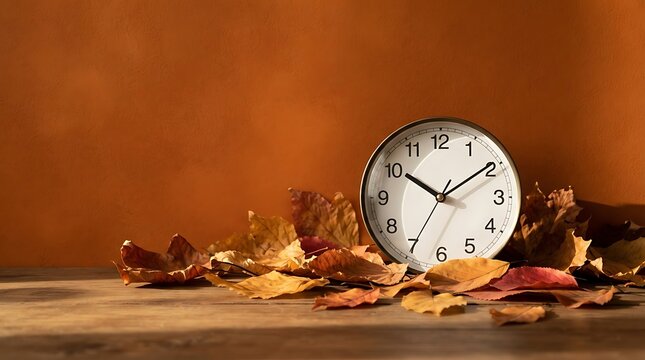 Autumn's Passage: A white clock rests on a wooden surface, surrounded by scattered fallen autumn leaves, with a warm, terracotta-colored wall in the background.
