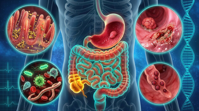 Comprehensive medical overview of intestinal pathology showing villi and bacterial flora with colonic lesions and helminth infections for clinical.