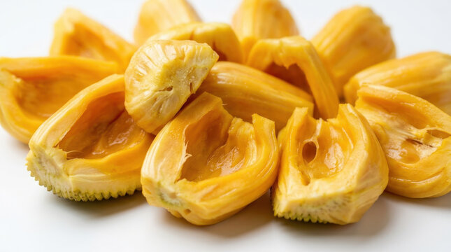 Heap of succulent golden jackfruit pods extracted from fruit displayed on plain white background for culinary lifestyle healthy snack visual aid.