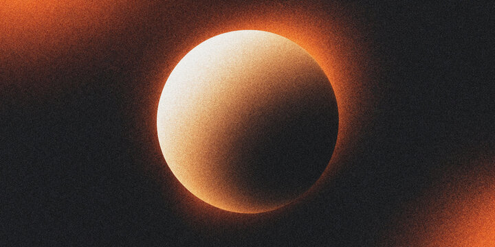 Glowing orange planet in deep space with grainy texture and cosmic light flare