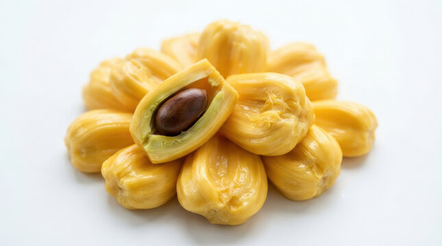 Ripe yellow jackfruit pods are arranged in a circular pile with one pod split open to reveal a dark brown seed inside.